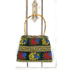 Vintage black colorful embroidered floral tapestry handbag/red/yellow/blue